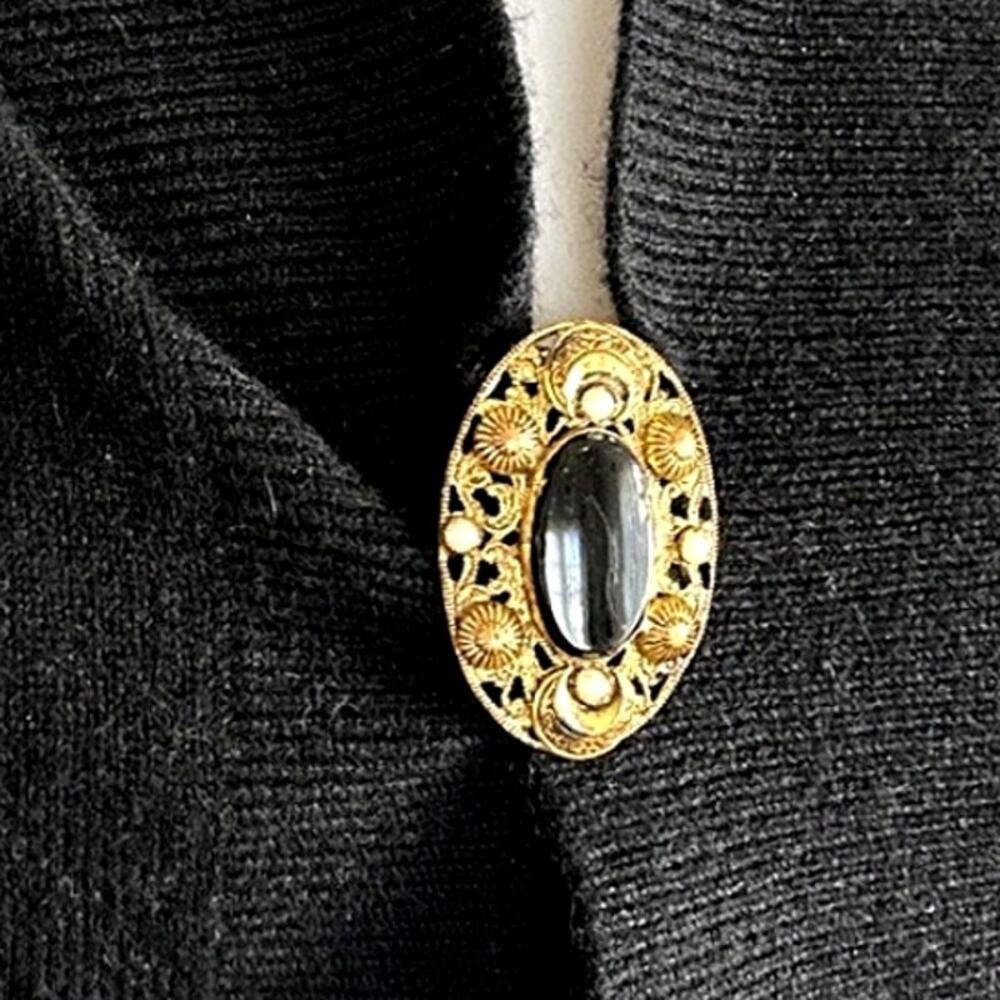 50s Gold Filigree Scarf Clip Black Onyx Pearl, Mid Century
